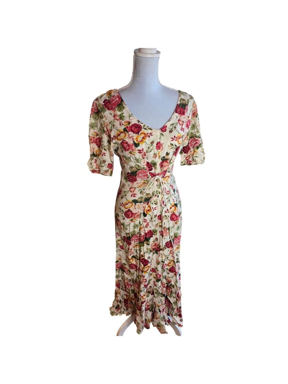 Vintage 90s Nostalgia Floral Rayon Dress Puff Sleeve Floral Ren Faire Cottagecor
